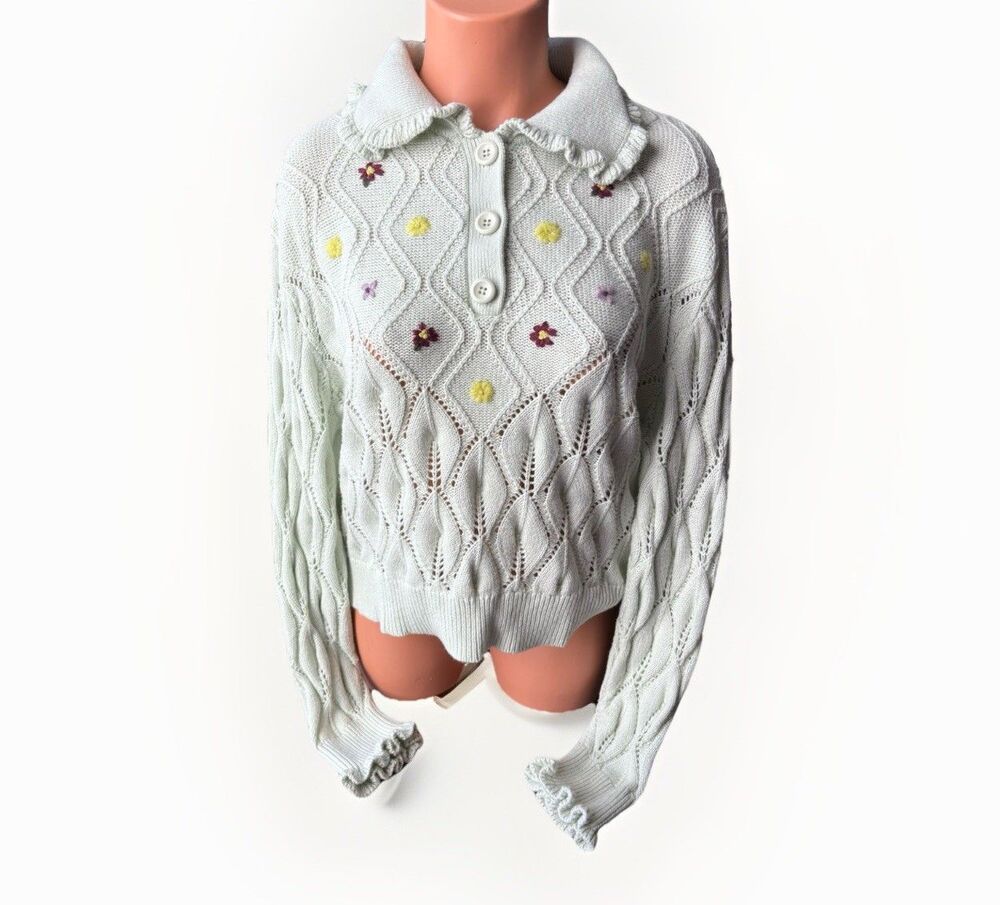 Sandy Liang Target M Green Open Knit Peter Pan Collar Sweater Embroidered
